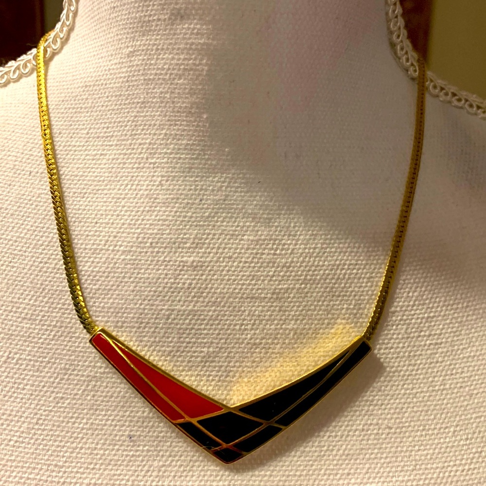 Avon Vintage 1980s Black Red gold necklace with original box.